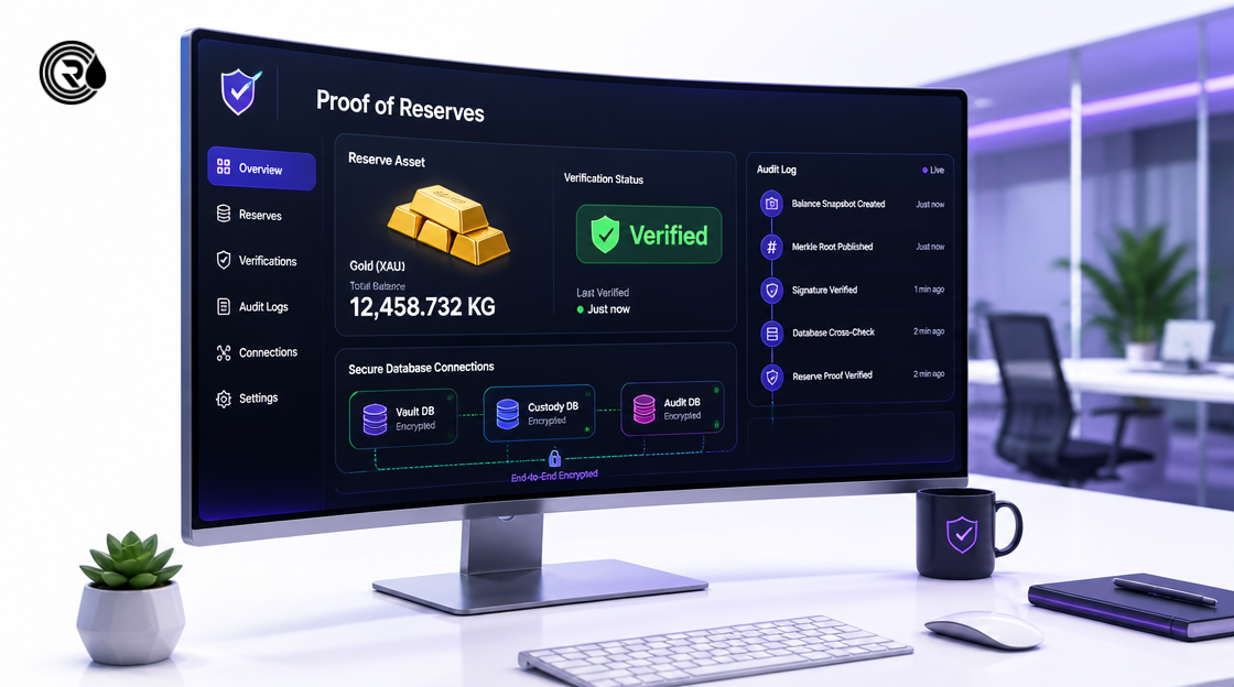 Real-time proof of reserves audit dashboard built into gold tokenization software.