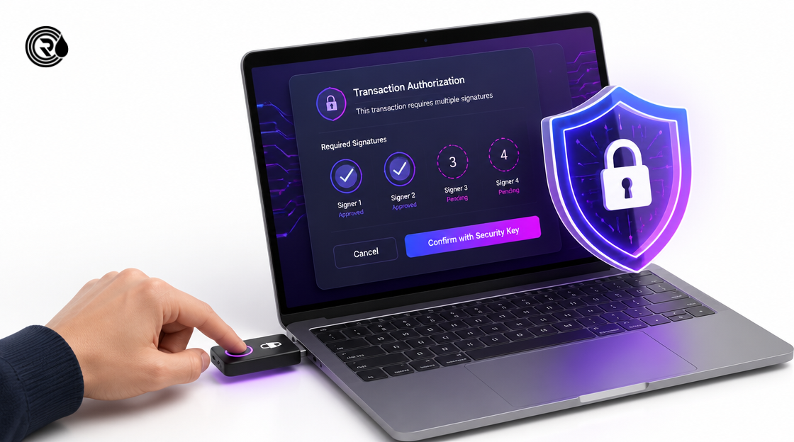 Multi-signature wallet configuration and key security in gold tokenization software.