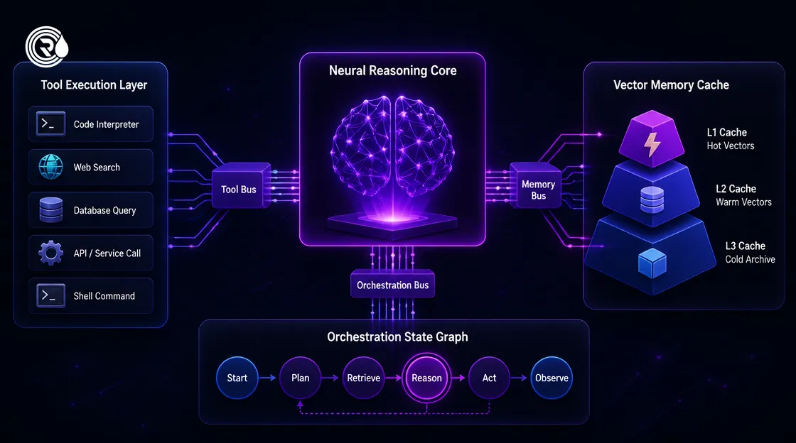 Technical diagram illustrating the core components of a production AI agent architecture.