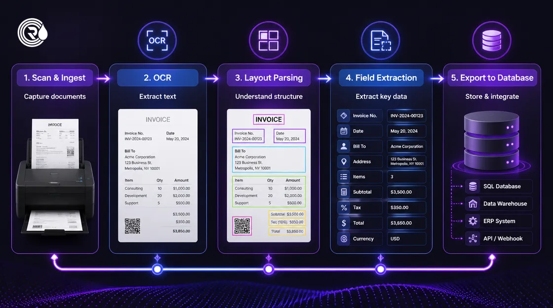 Technical diagram of an end-to-end AI document processing pipeline.
