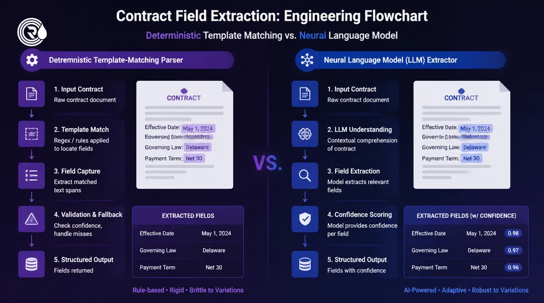 Engineering flowchart contrasting rule-based and language model document extraction.