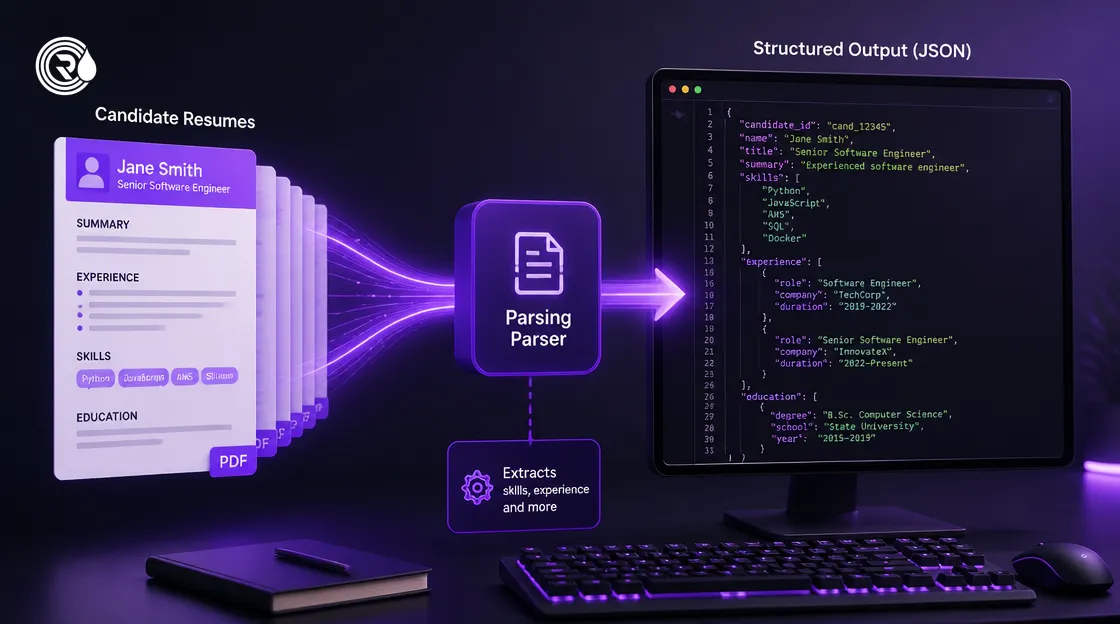 Architecture diagram of an AI recruitment agent parsing candidate resumes into structured records