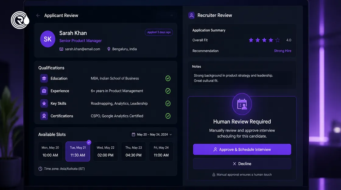 Human review dashboard integrated with an AI recruitment agent for manual hiring oversight