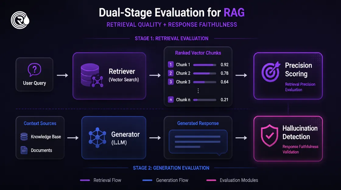 Architecture diagram of retrieval and generation testing components in a RAG evaluation pipeline