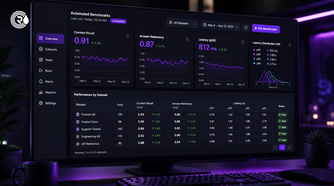 Technical dashboard displaying retrieval recall and faithfulness metrics during RAG evaluation