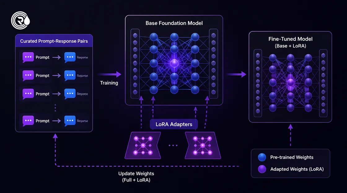 Engineering workflow diagram showing parameter-efficient fine-tuning of a foundation language model.
