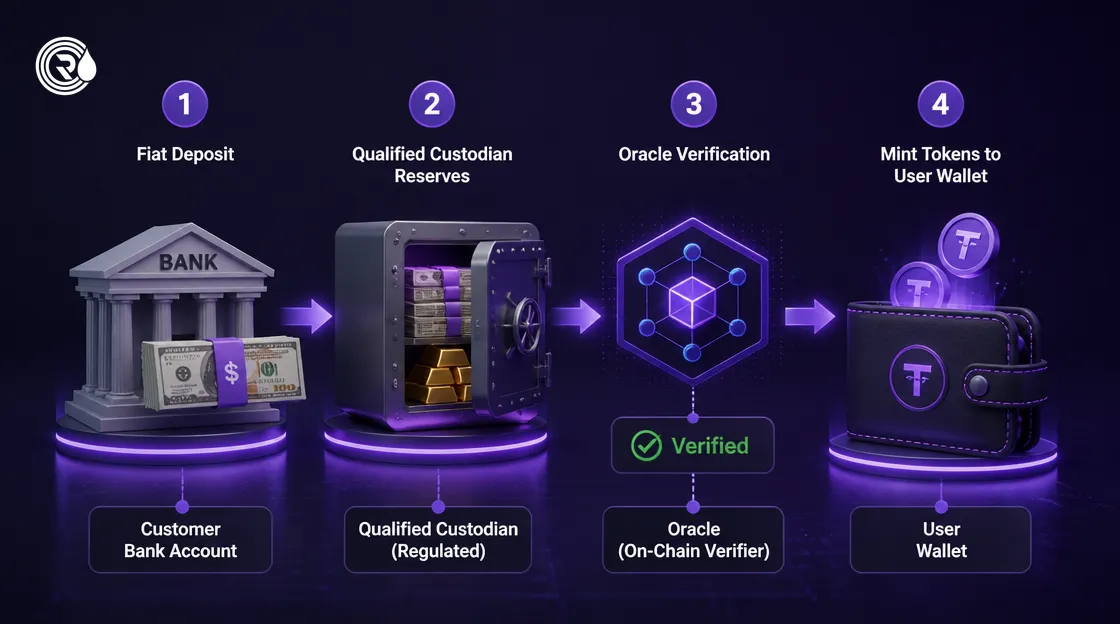 Architecture flow of reserve deposit and token minting in stablecoin issuance